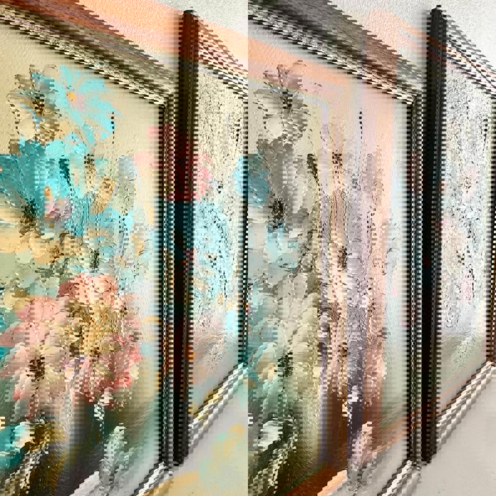 Set of two vintage turquoise teal blue floral original wall paintings