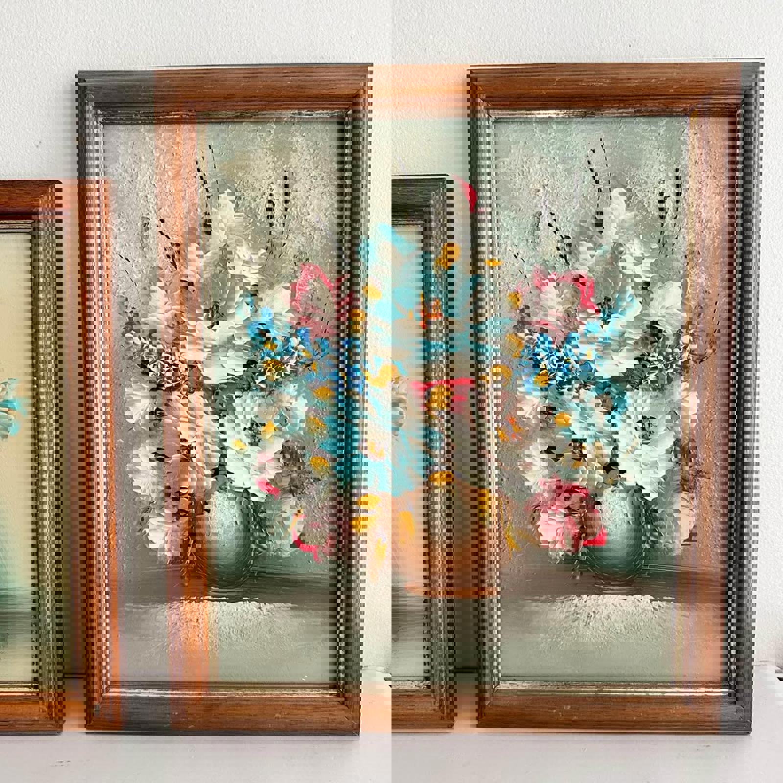 Set of two vintage turquoise teal blue floral original wall paintings