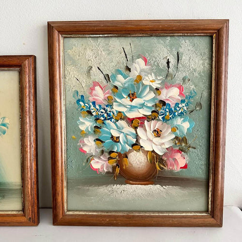 Set of two vintage turquoise teal blue floral original wall paintings
