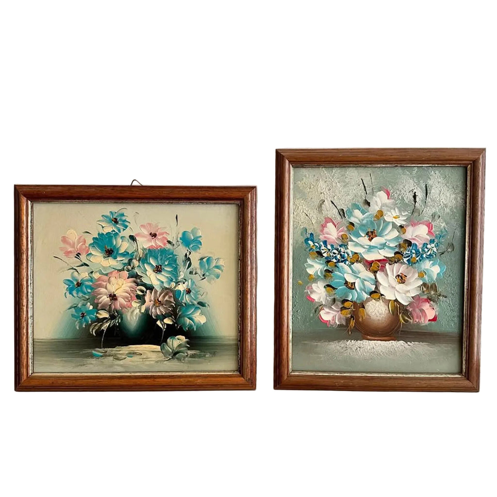 Set of two vintage turquoise teal blue floral original wall paintings