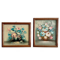 Set of two vintage turquoise teal blue floral original wall paintings