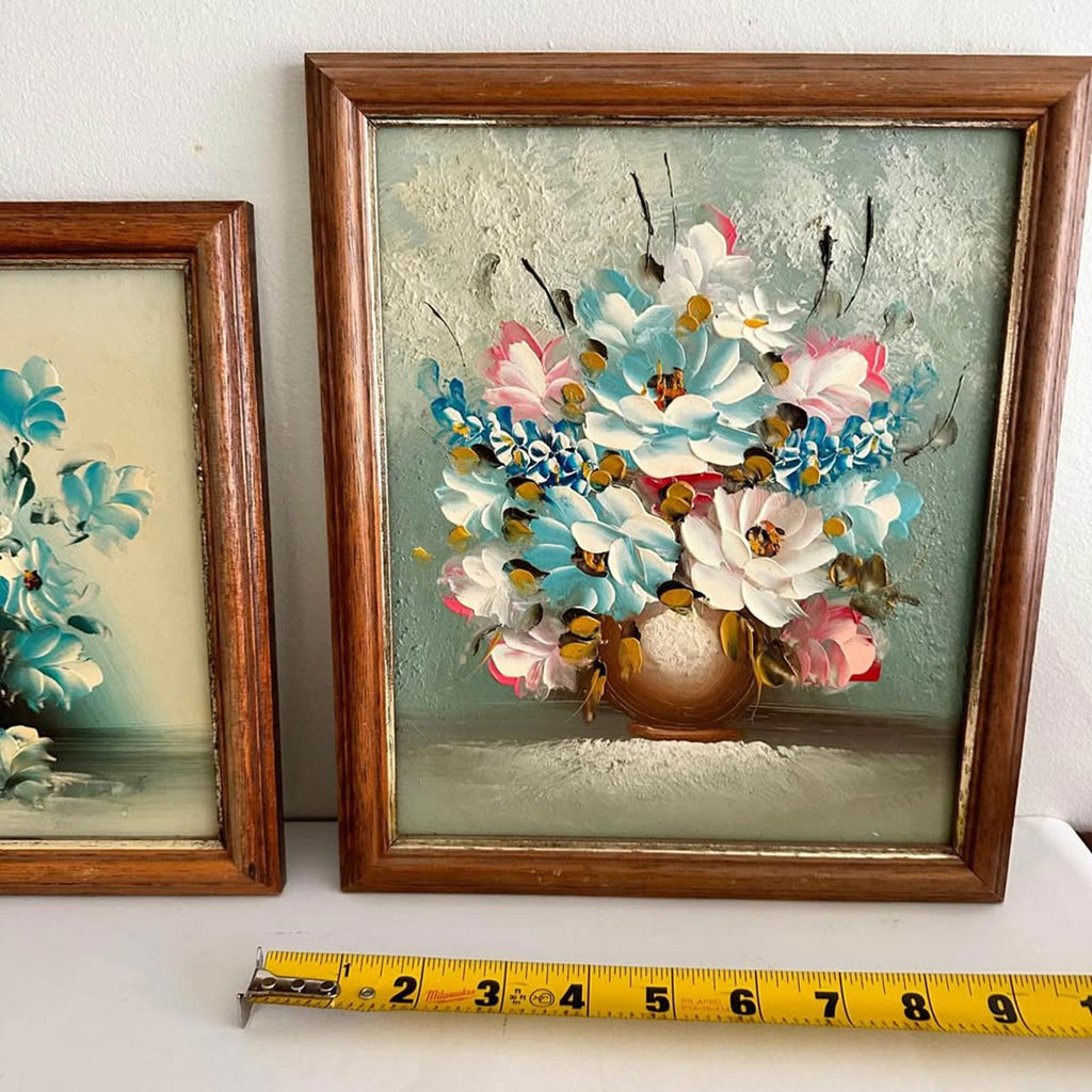 Set of two vintage turquoise teal blue floral original wall paintings