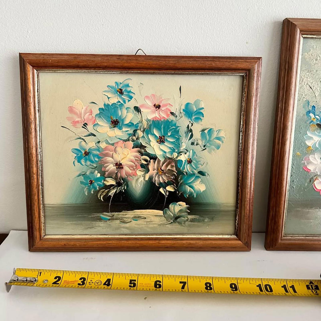 Set of two vintage turquoise teal blue floral original wall paintings