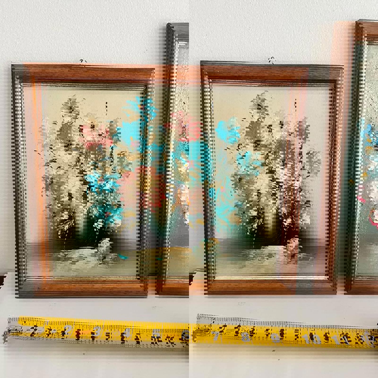 Set of two vintage turquoise teal blue floral original wall paintings