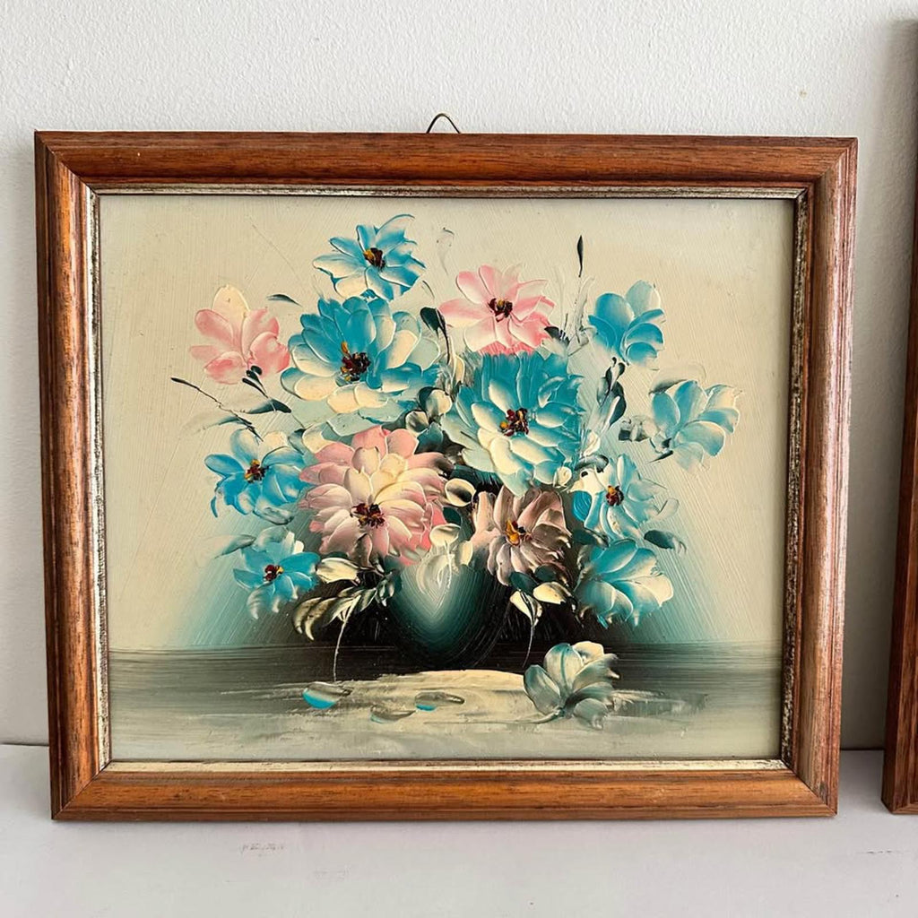 Set of two vintage turquoise teal blue floral original wall paintings