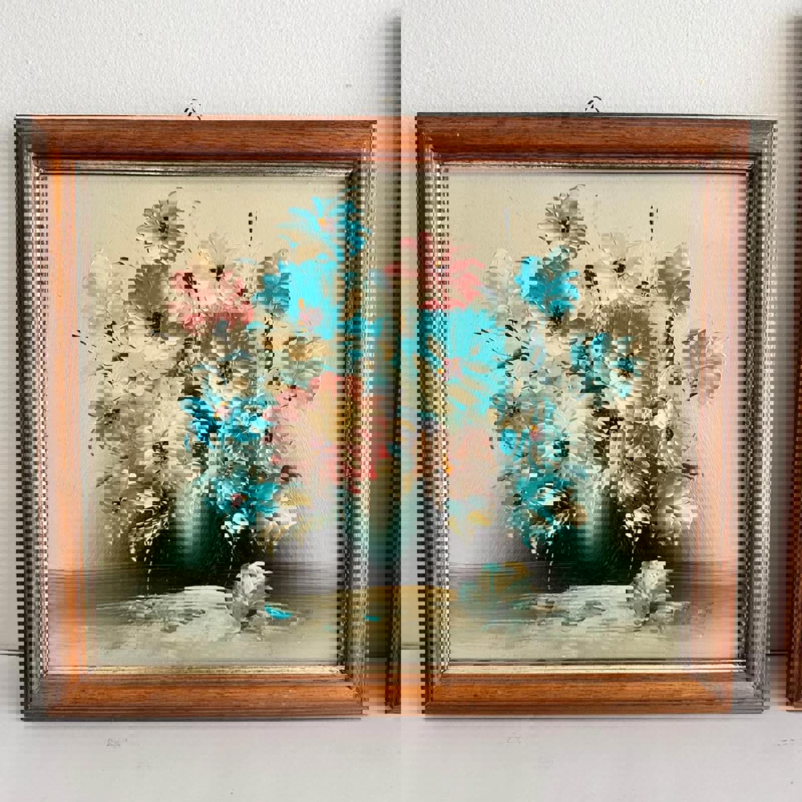 Set of two vintage turquoise teal blue floral original wall paintings