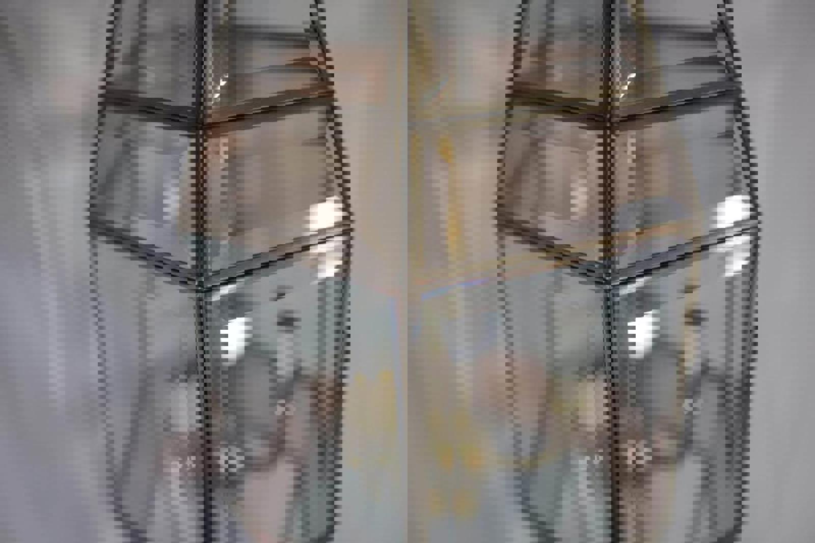 Large Vintage Beveled Pink Glass Lantern Chandelier – Fred Ramond